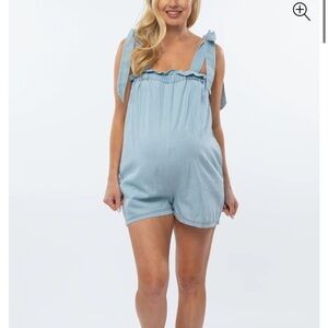Light Blue Chambray Shoulder Tie Maternity Romper